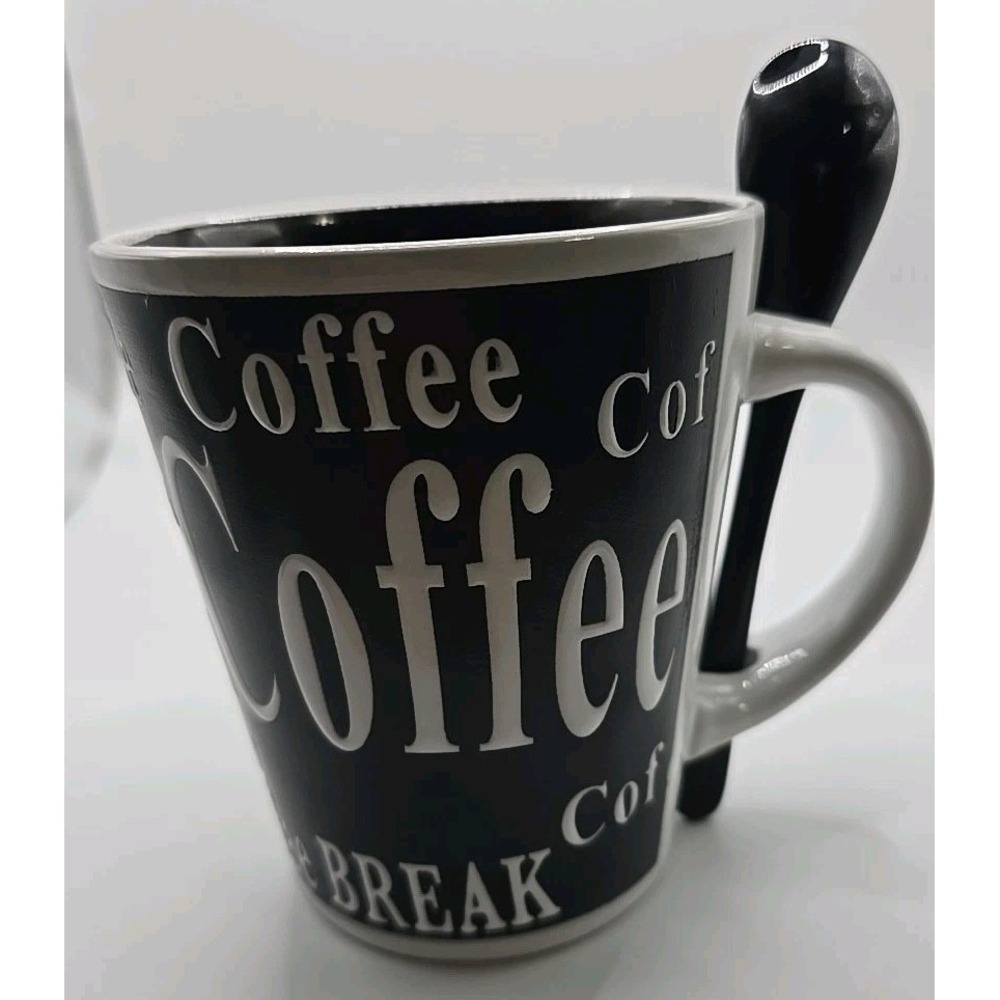 New Vintage Mr. Coffee Mug Coffee Break With‎ Spoon Black White Saying